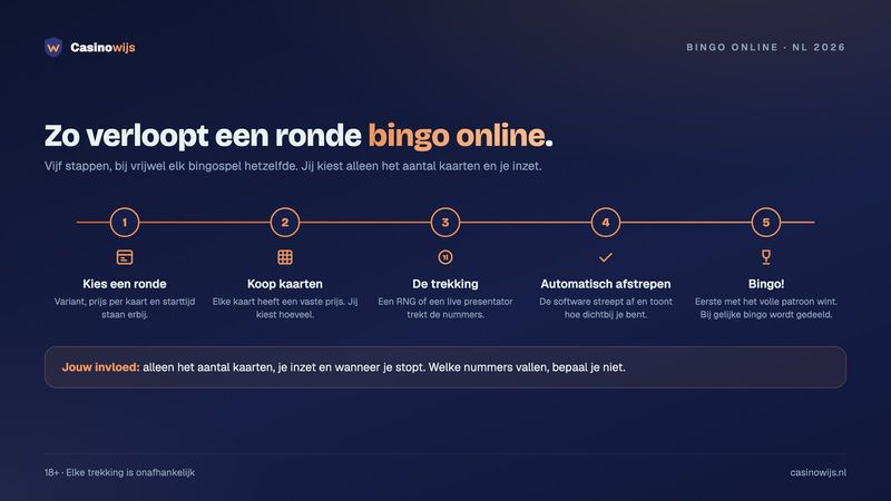 Zo werkt bingo online in vijf stappen: ronde kiezen, kaarten kopen, trekking, afstrepen en bingo