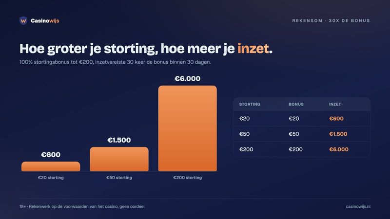 Staafdiagram: inzet bij 30x de bonus, €600 tot €6.000 bij stortingen van €20 tot €200
