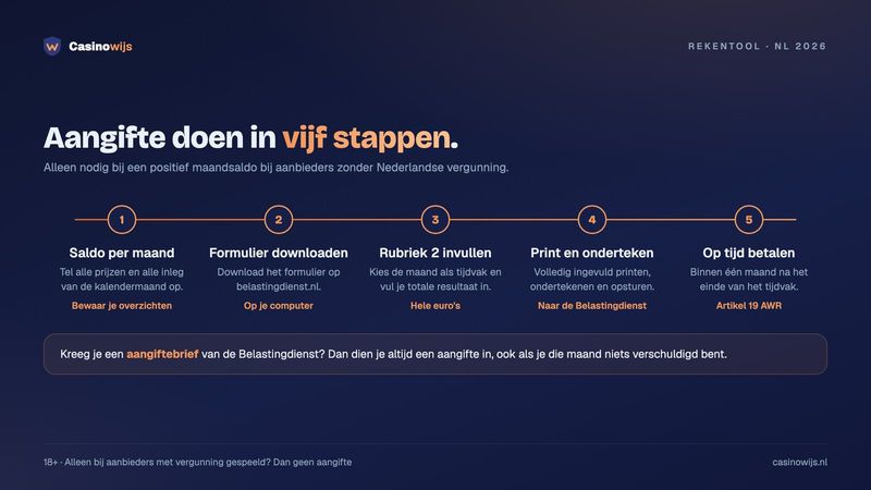 Tijdlijn met vijf stappen voor de aangifte kansspelbelasting: saldo per maand, formulier, rubriek 2, ondertekenen, betalen