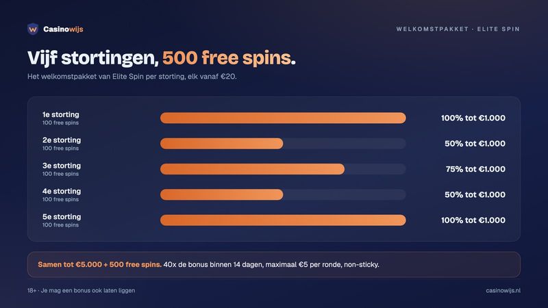 Welkomstpakket Elite Spin over vijf stortingen: bonus per storting en 100 free spins per keer